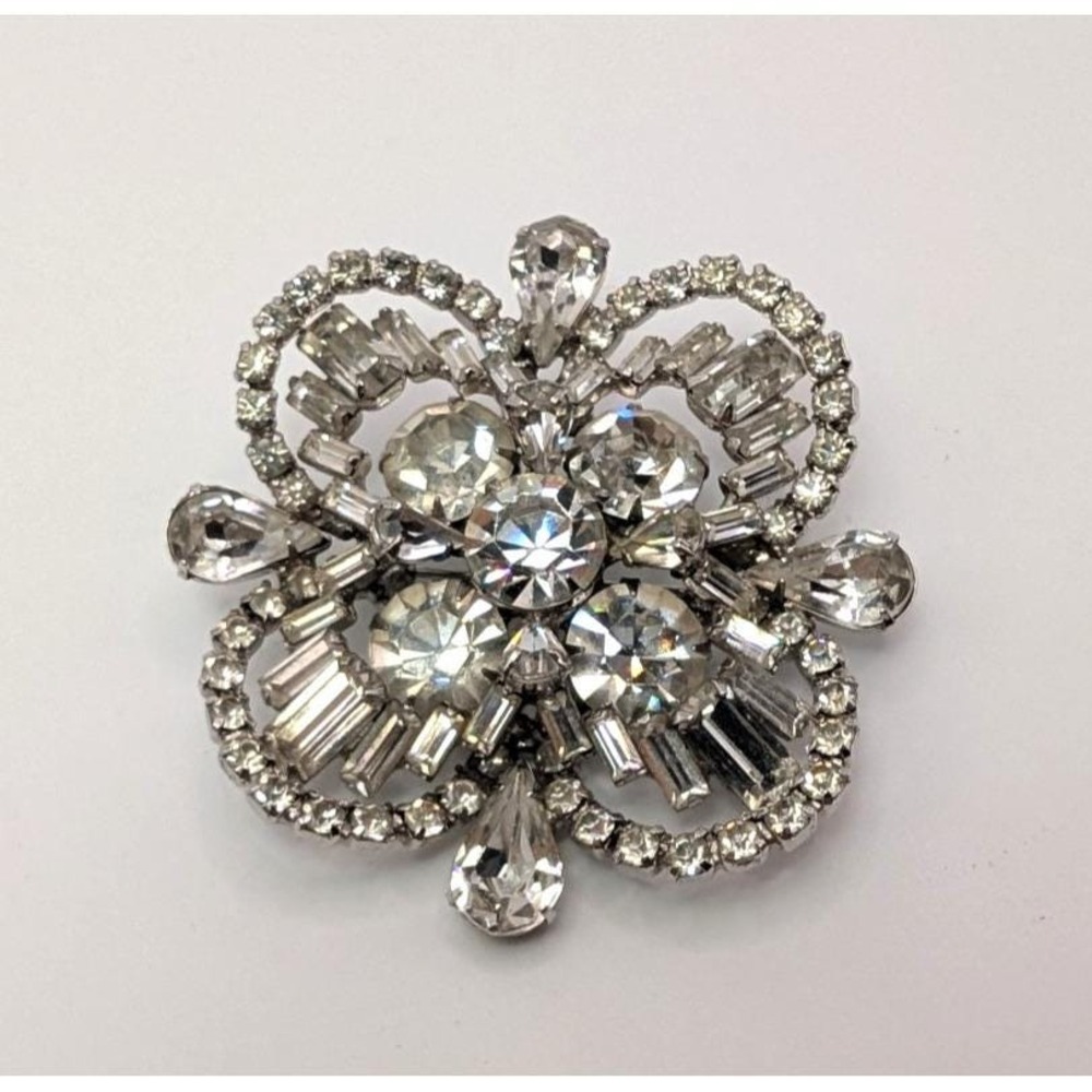 Vintage Clear Rhinestone Tiered Statement Brooch Pin 2" Layered 3D Bouquet Spark